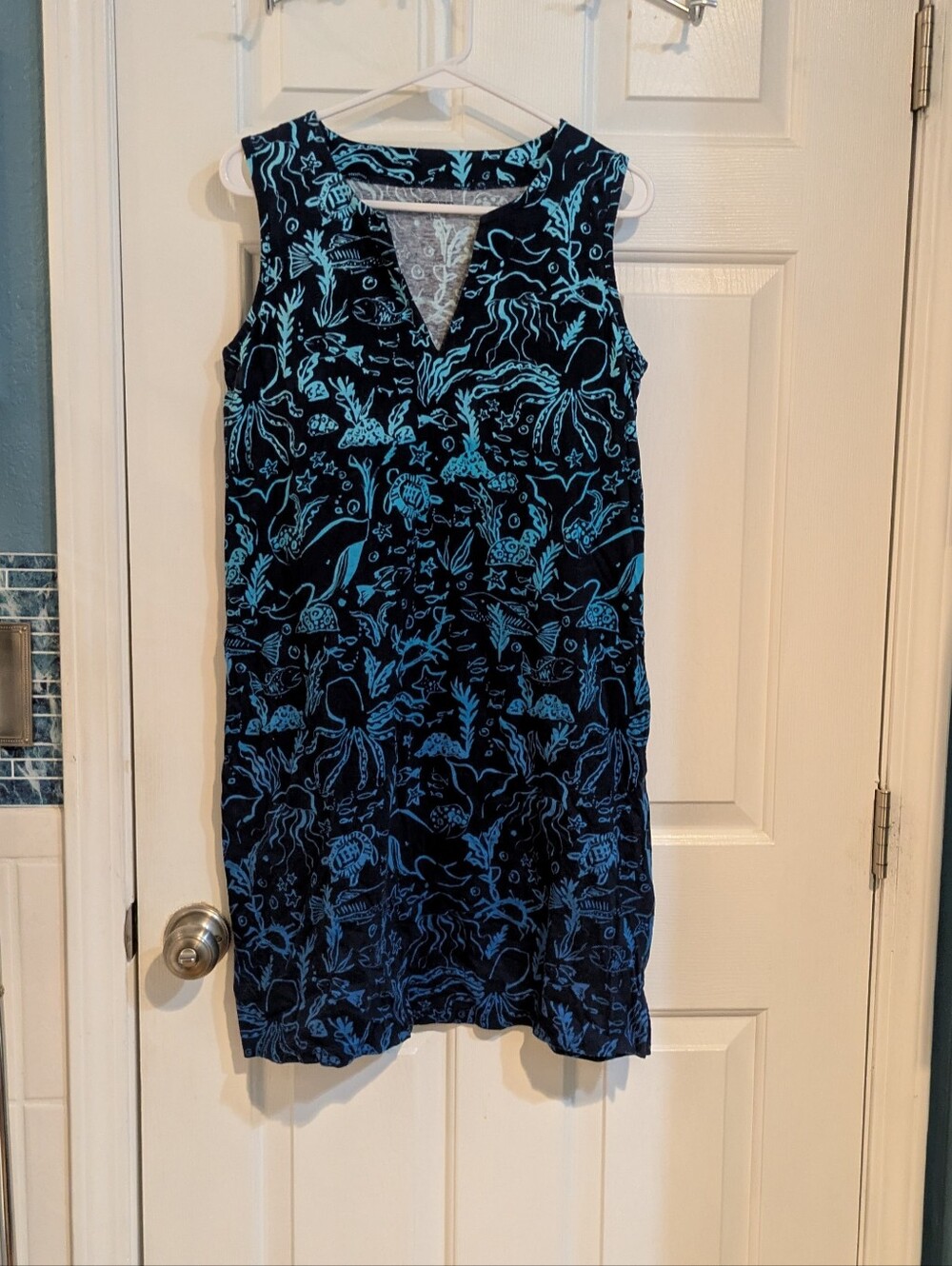 Lands' End Navy Midi Dress with Aqua Marine Print